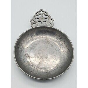 Vintage STEDE Pewter Porringer Dish 6" x 8.5" Long Horse Head Logo Ornate Handle